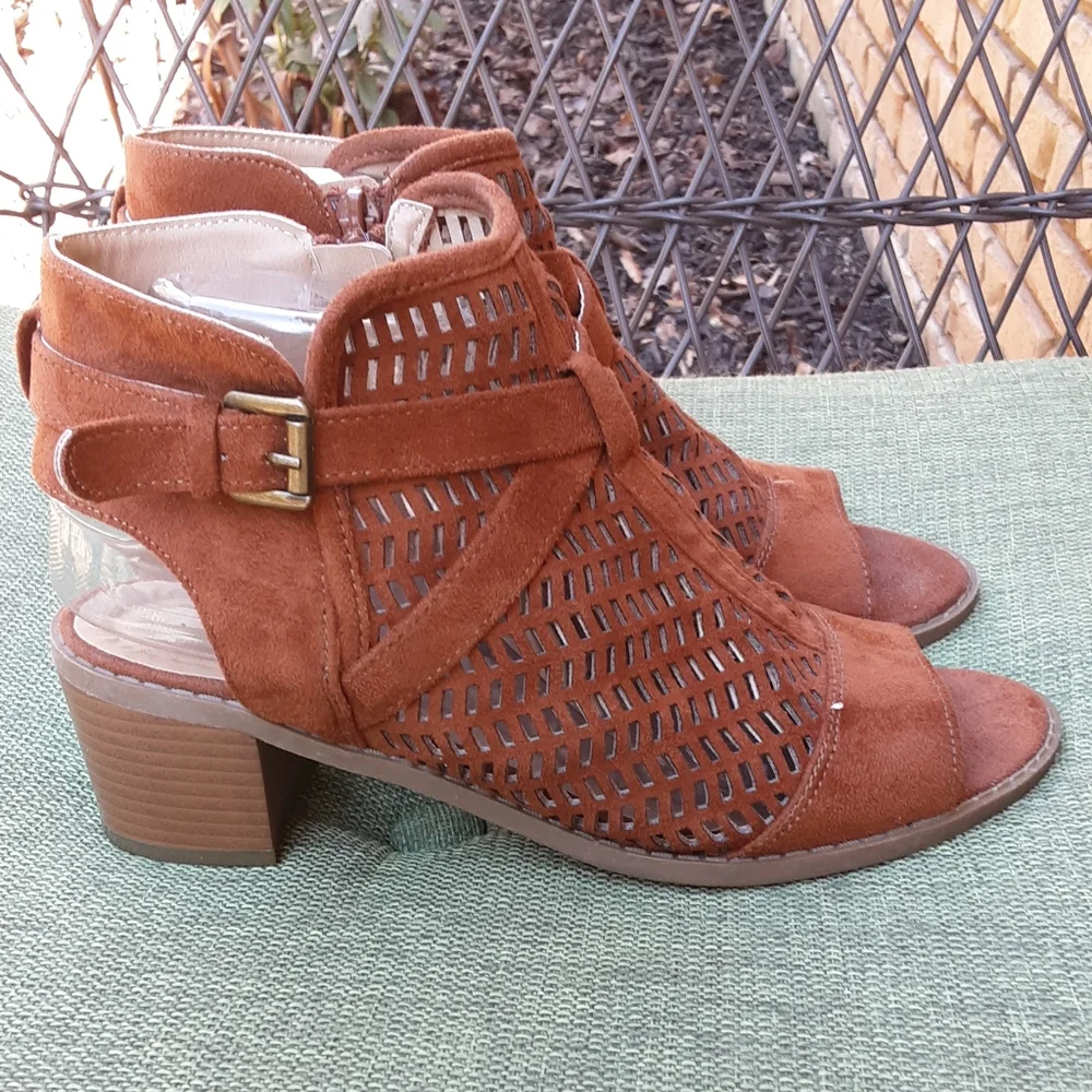 Diba London Faux Suede Laser Cut Open Toe Heel Bootie.